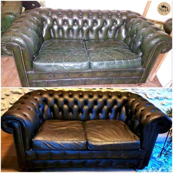 Rénovation cuir, traitement fissures, recoloration Chesterfield